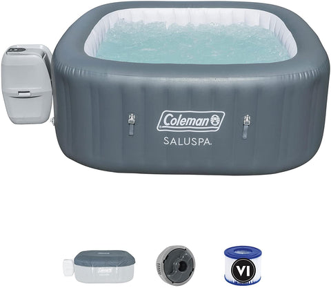 15442-BW Saluspa 4 Person Portable Inflatable Outdoor Square Hot Tub Spa with 114 Air Jets, Cover, Pump, and 2 Filter Cartridges, Gray