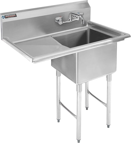 Stainless Steel Kitchen Sink with Faucet -  1 Compartment Commercial Utility Sink W/Left Drainboards - 18