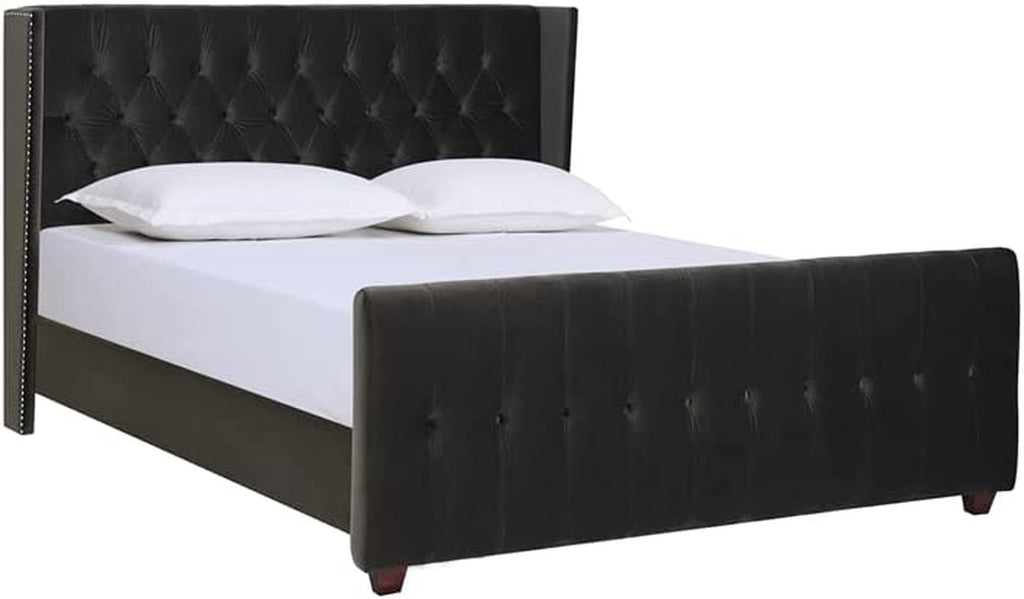 David Collection Modern Upholstered King Size Size Bed Frame, Hand Tufted and Nailhead Trim, Dark Charcoal Grey