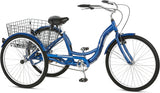 Schwinn Meridian Adult Tricycle, 26-Inch Wheels, Low Step-Through Aluminum Frame, Front and Rear Fenders, Adjustable Handlebars, and Rear Folding Basket, Blue