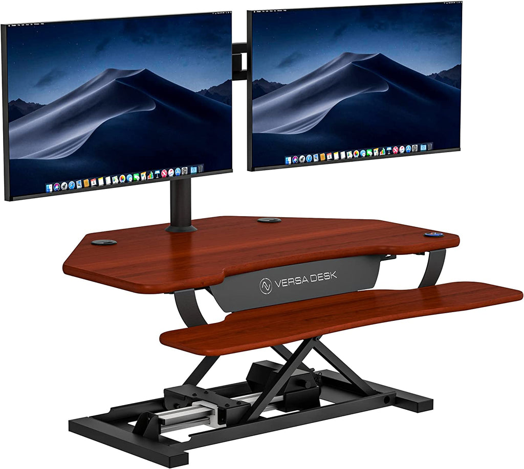 36" Corner Standing Desk Converter, Powerpro Electric Height Adjustable Desk Riser for Standing or Sitting, Keyboard Tray, USB Charging Port, Holds 80 Lbs, Cherry