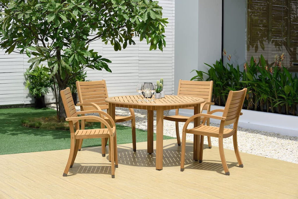 Arizona 5 Piece round Eucalyptus Patio Dining Set | Teak Finish and Stackable Chairs| Durable for Outdoors