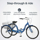 Schwinn Meridian Adult Tricycle, 26-Inch Wheels, Low Step-Through Aluminum Frame, Front and Rear Fenders, Adjustable Handlebars, and Rear Folding Basket, Blue
