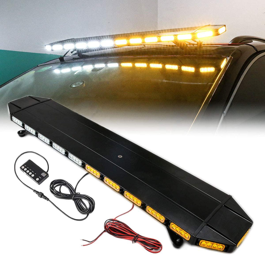 LE-JX Amber/White 48 Inch Roof Top LED Traffic Advisor Emergency Light Bar 16 Flash Mode Low Profile Hazard Warning Safety Strobe Lights Bar for Plow Tow Truck Vehicle (Yellow/White, 104 LED, 12-24V)
