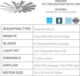 Monte Carlo 14PRR72BSD Prairie Grand Windmill Energy Star 72" Outdoor Ceiling Fan with LED Light and Hand Remote Control, 14 Wood Blades, Brushed Steel