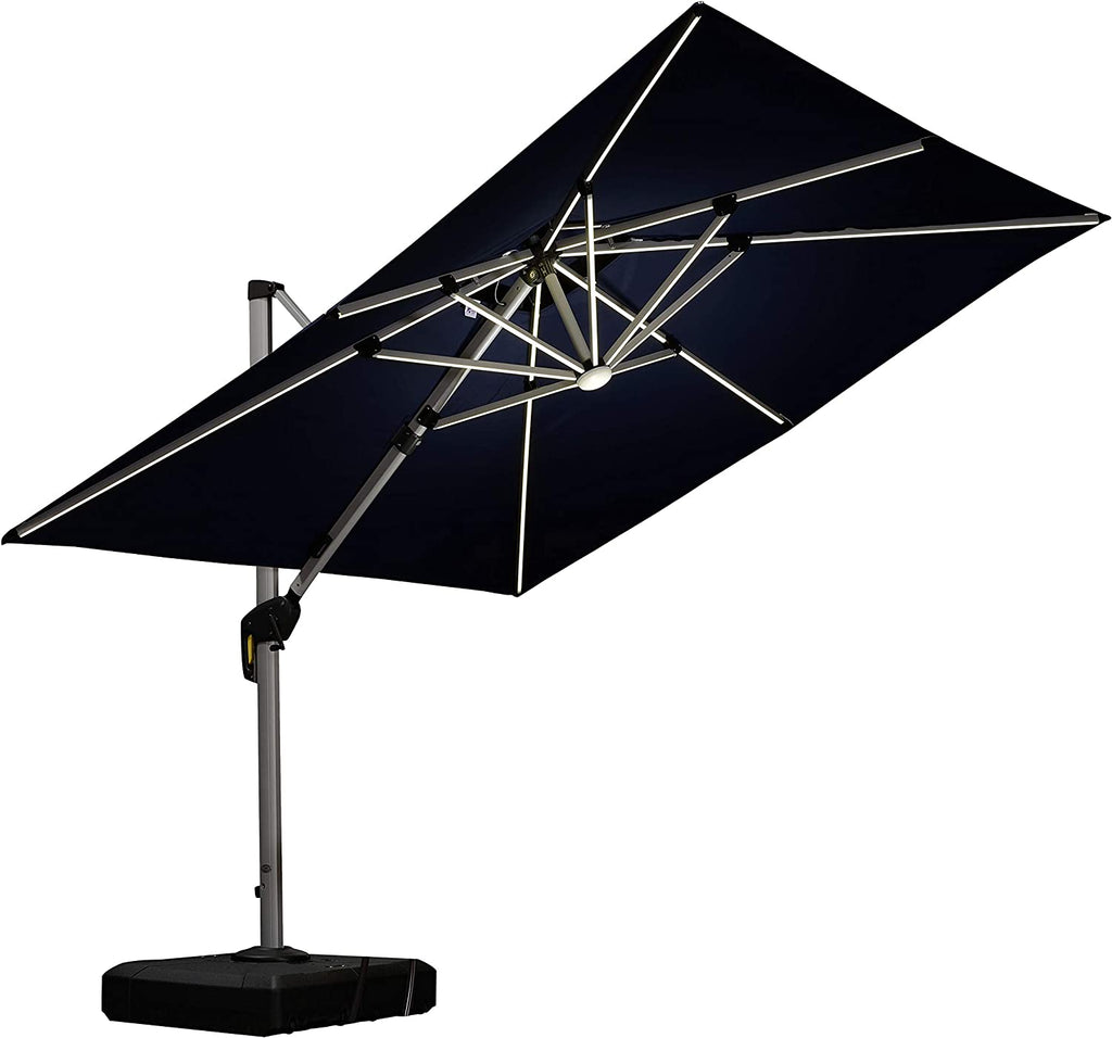 9 Feet Double Top Deluxe Solar Powered LED Square Patio Umbrella Offset Hanging Umbrella Outdoor Market Umbrella Garden Umbrella, Navy Blue