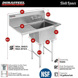 Stainless Steel Kitchen Sink with Faucet -  1 Compartment Commercial Utility Sink W/Left Drainboards - 18" X 18" X 12" Bowl Size - for Restaurant, Laundry, Garage & Backyard - NSF Certified